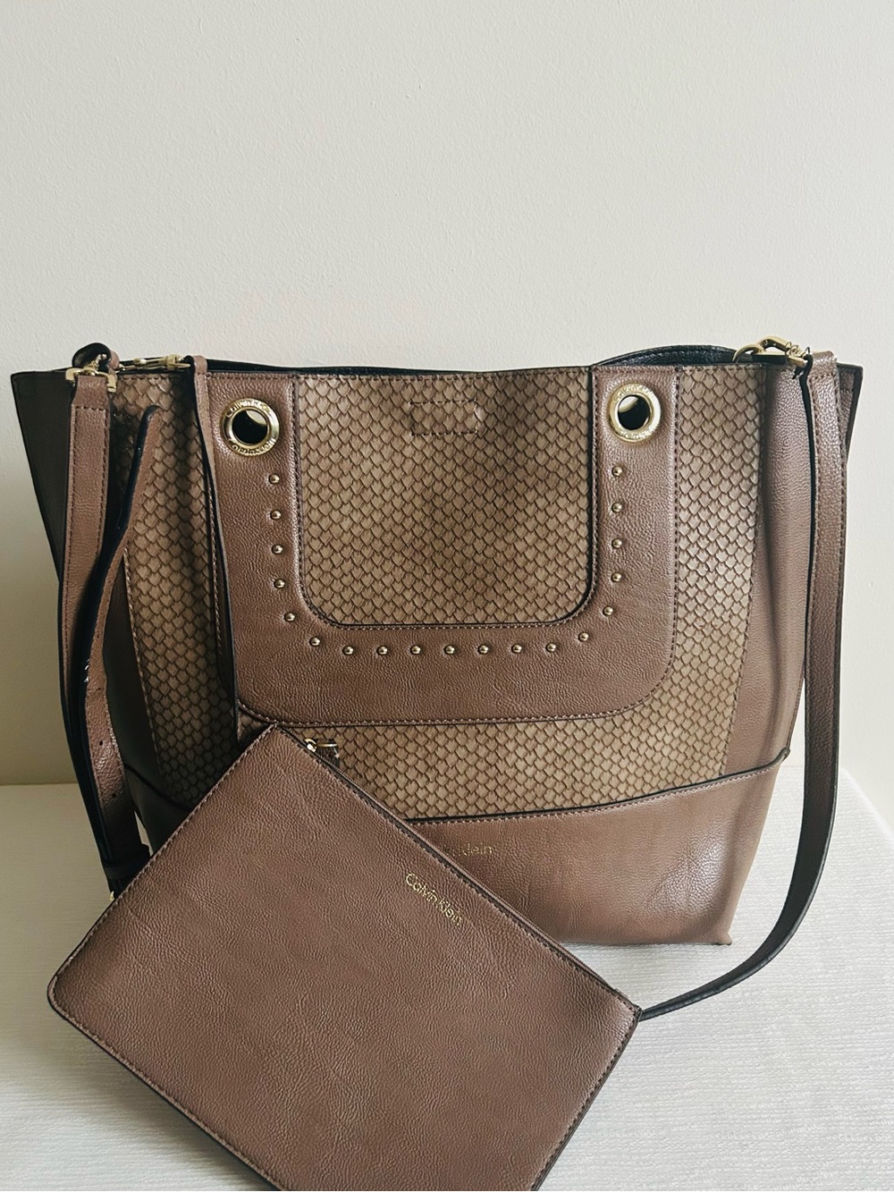 Calvin Klein Leather Taupe Brown Textured Tote with Matching Wristlet